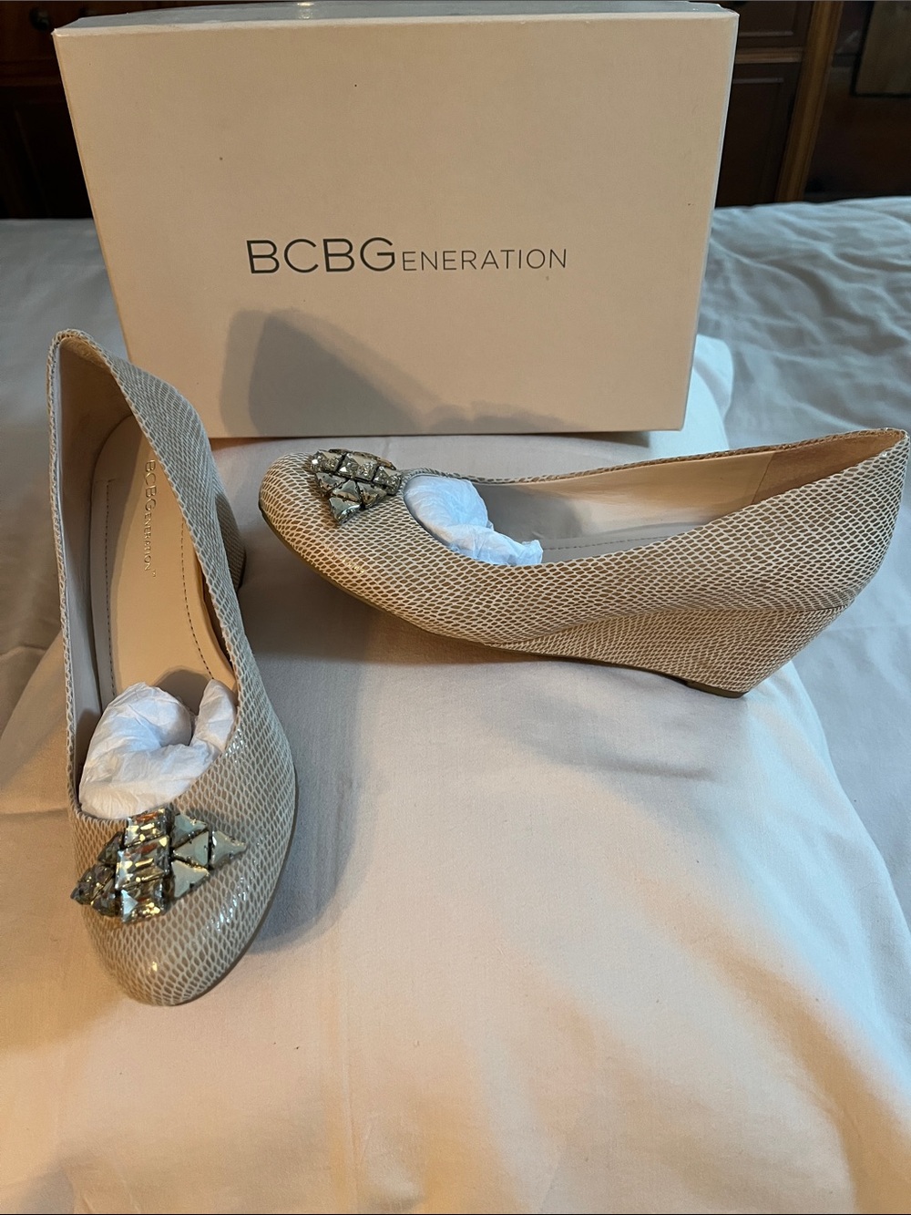 Ladies reptile print tan wedge heels with jeweled accents
